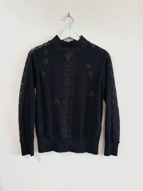 Sandro Paris Women's US S Black Lace Embroidered Knit Sweater Coquette Goth Chic